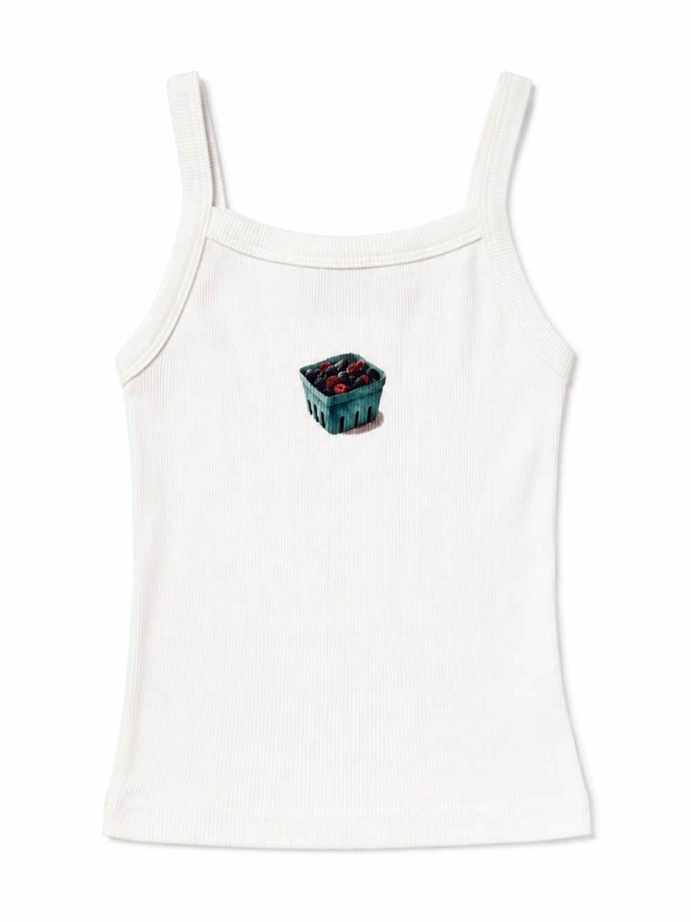 White Ribbed Tank Top with Berry Embroidery
